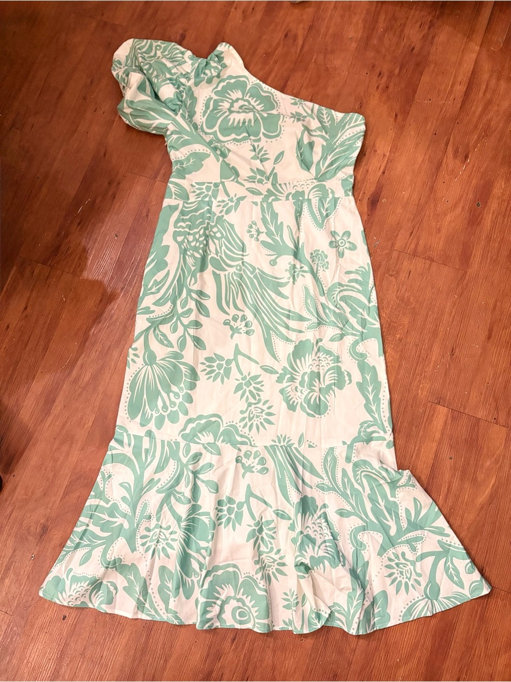 SHEIN One-Shoulder Mint and Cream Floral Dress